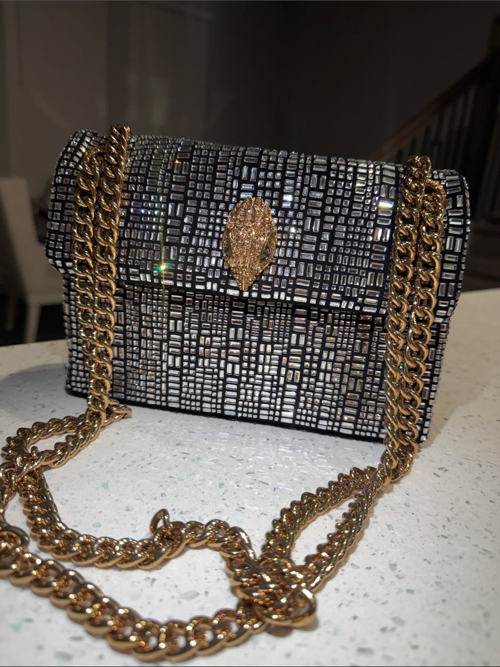 Kurt Geiger Black Crystal Mosaic Crossbody with Gold Chain
